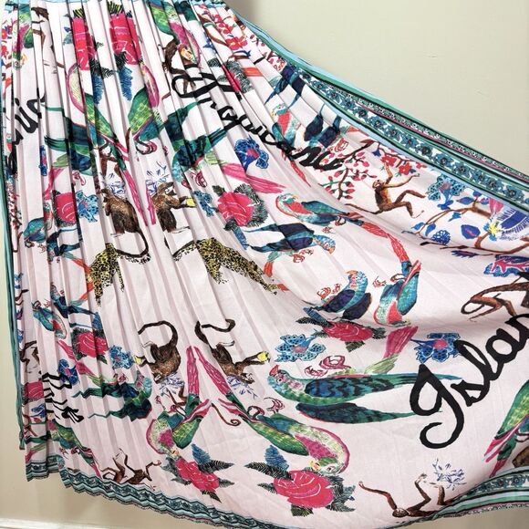 H&M Pink Pleated Jungle Print Midi Dress 6 Strappy Lace Up Back Tropical Animals - Picture 3 of 12